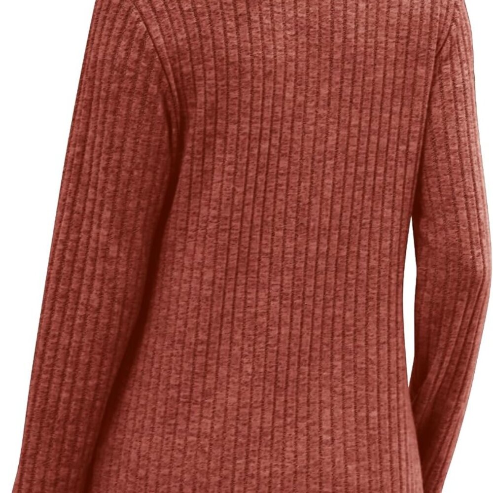 Women's Ribbed V-Neck Button Accent Pullover - Rust - Picture 5 of 5